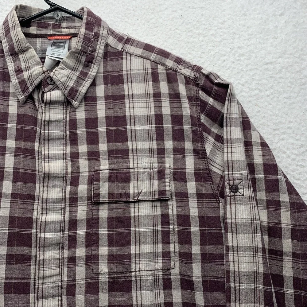 The North Face Button Up Shirt Mens Large L Maroon Gray Plaid Hiking Outdoors